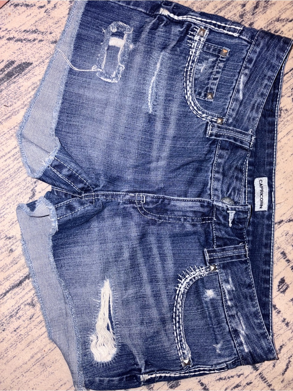 Aprico Distressed Dark Blue Denim Jean Shorts